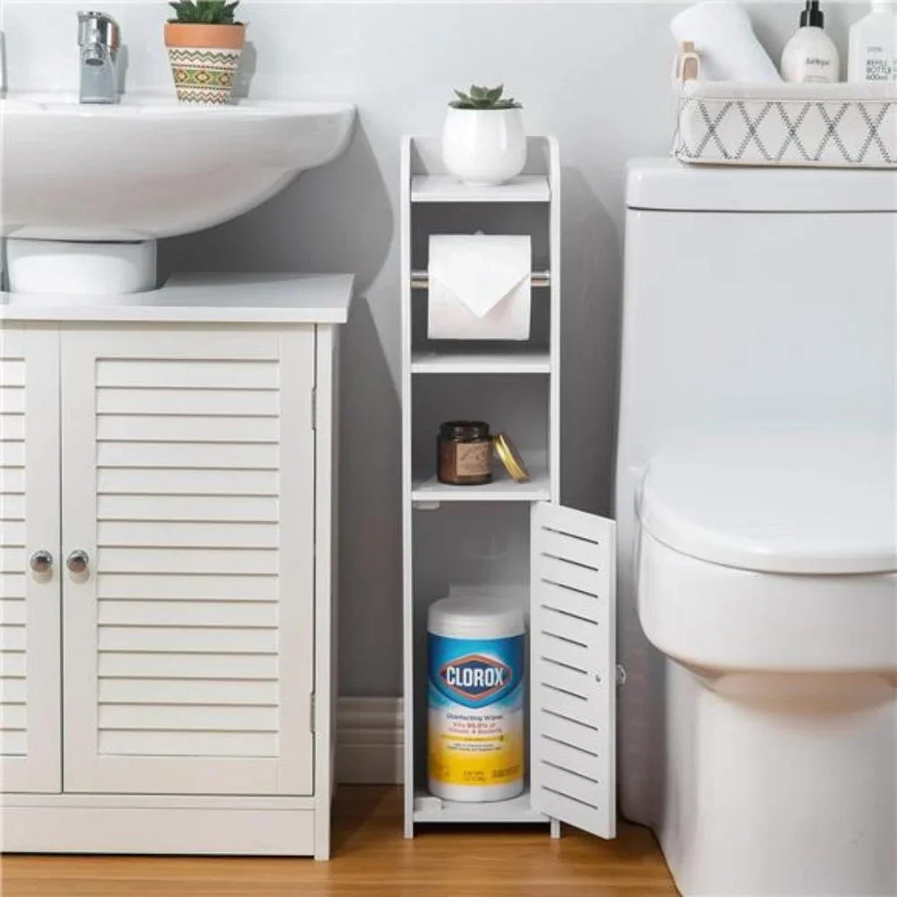 Toilet Paper Holder Stand, Storage Cabinet with Toilet Roll Holder, White